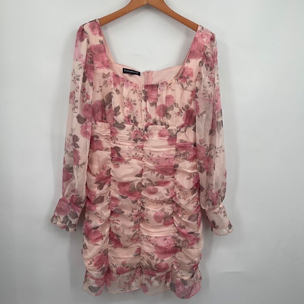 Eilly Bazar Womens Pink Floral Mini Long Sleeve Ruffle Ruched Dress Size Large